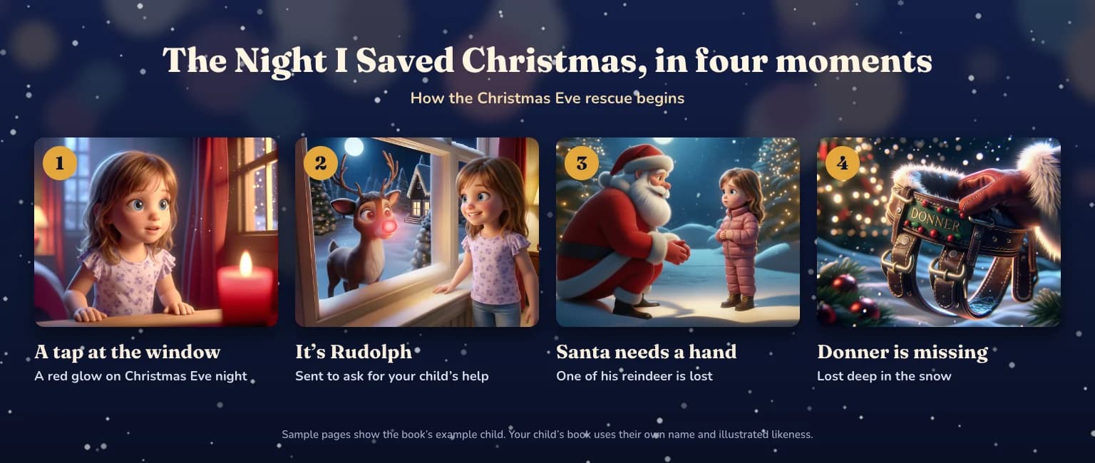 Four sample pages from The Night I Saved Christmas: a tap at the window, Rudolph at the glass, Santa kneeling to ask for help, and Donner's empty harness in the snow.
