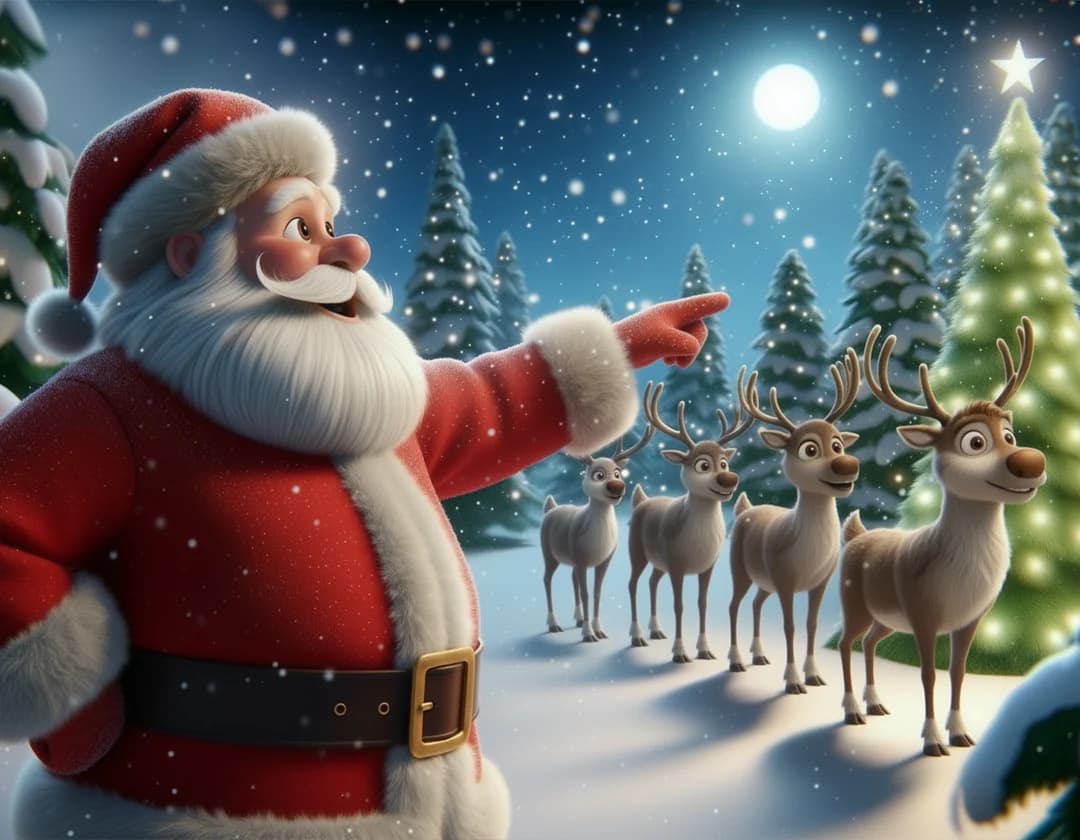 Santa points down a line of reindeer in a moonlit, snowy clearing, in The Night I Saved Christmas.