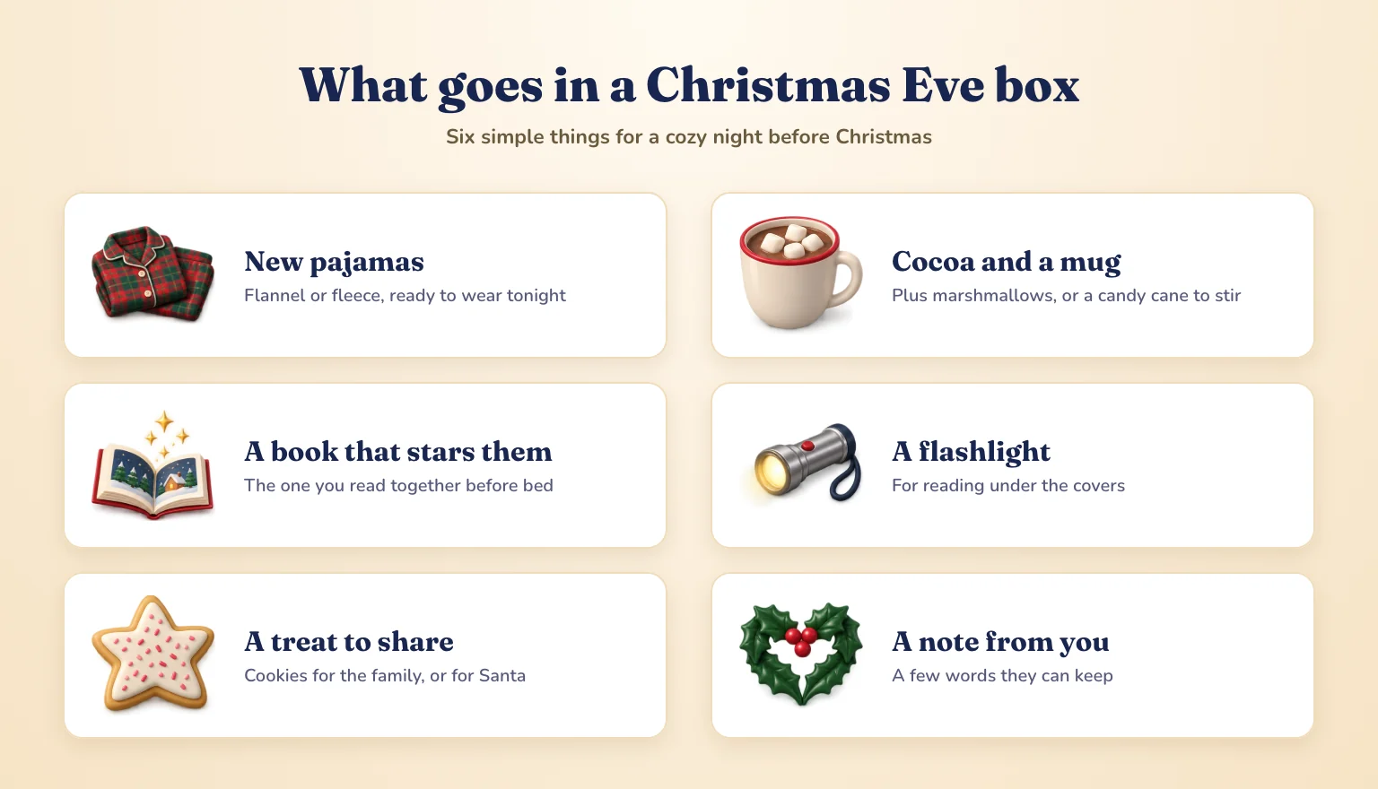 Six things for a Christmas Eve box: new pajamas, cocoa and a mug, a book that stars them, a flashlight, a treat to share, and a note from you.