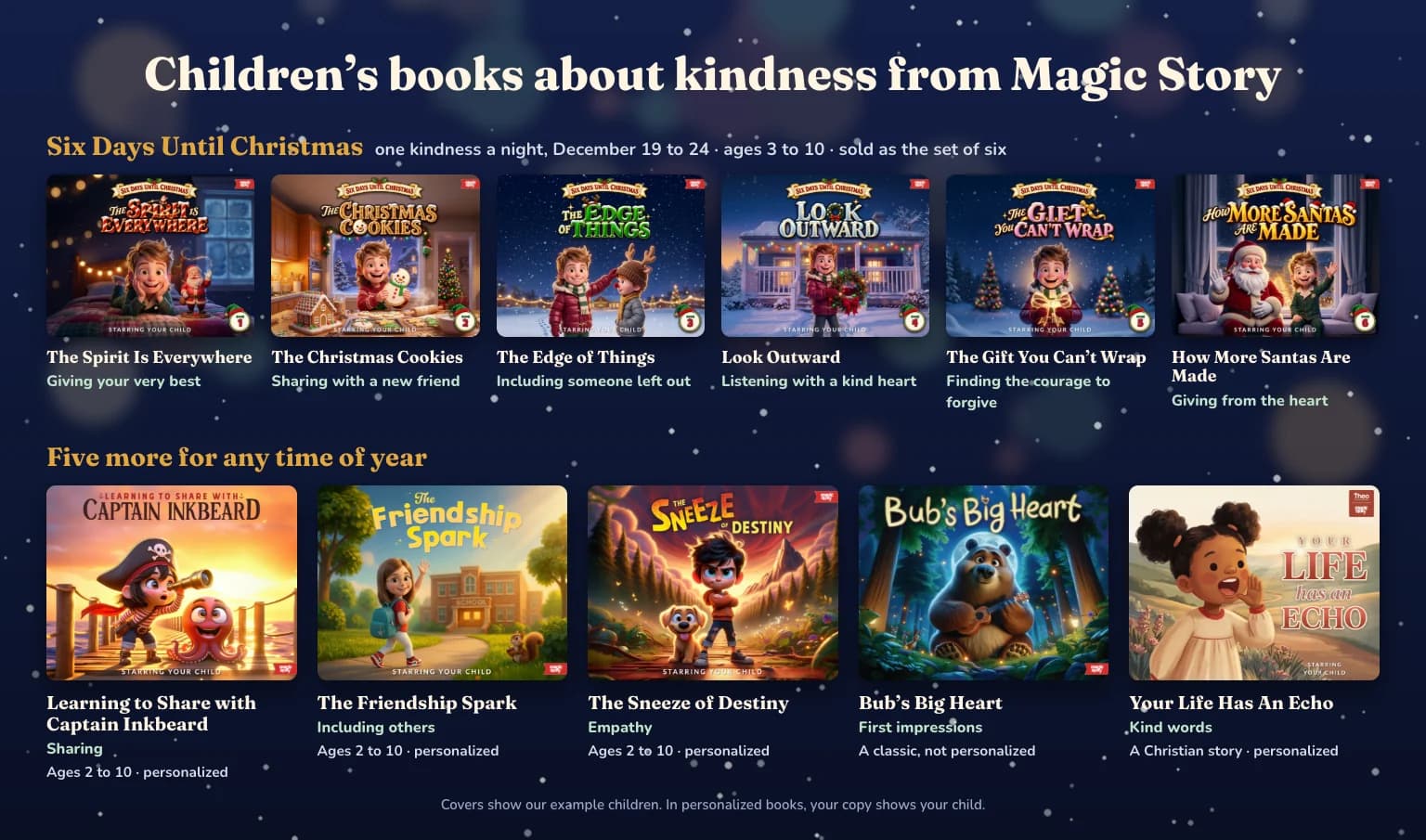 The six Six Days Until Christmas covers above five more kindness books: Learning to Share with Captain Inkbeard, The Friendship Spark, The Sneeze of Destiny, Bub's Big Heart and Your Life Has An Echo.