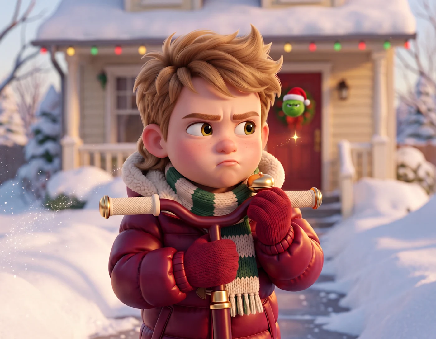 A boy in a red coat grips a handlebar and frowns, deciding, outside a snowy house, in How More Santas Are Made.