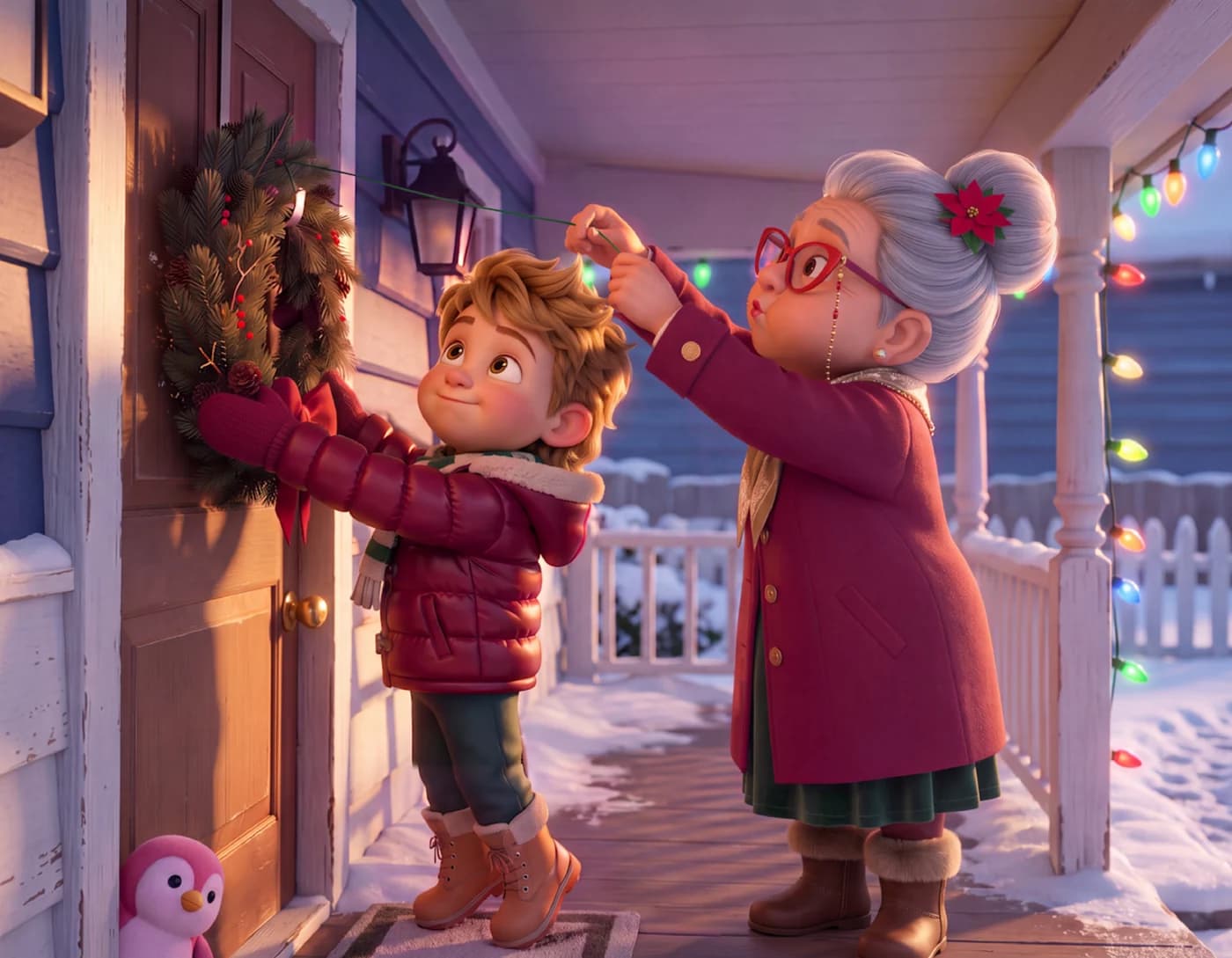 A boy in a red coat reaches up to hang a wreath on a front door while an older neighbor in red glasses helps, in Look Outward.
