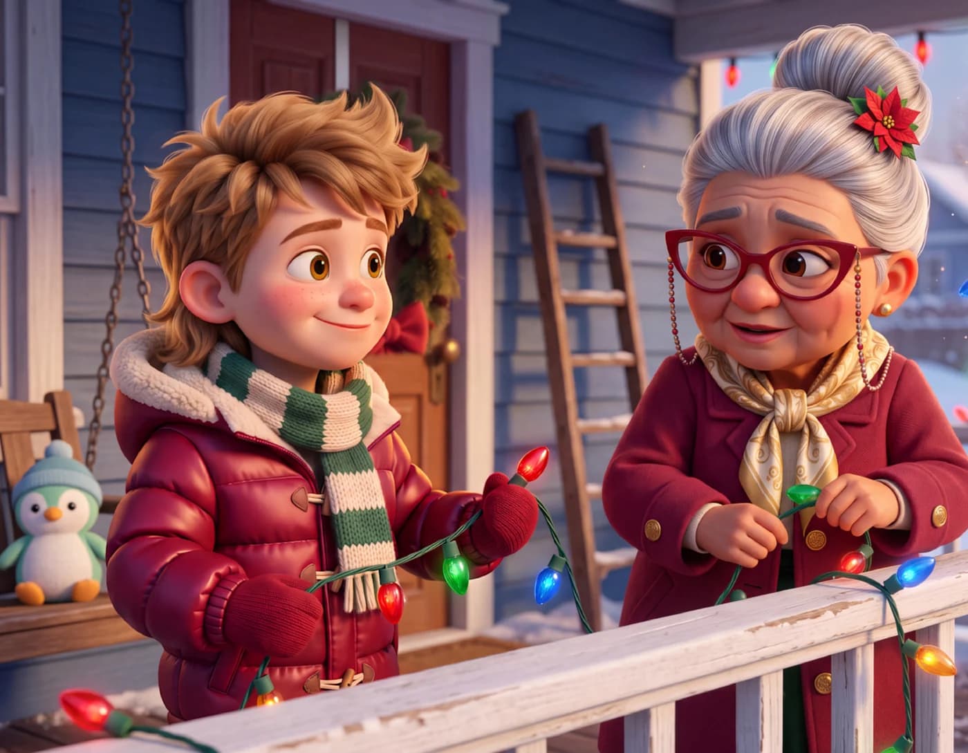 A boy smiles up at his older neighbor as she holds a string of colored lights on her porch, in Look Outward.