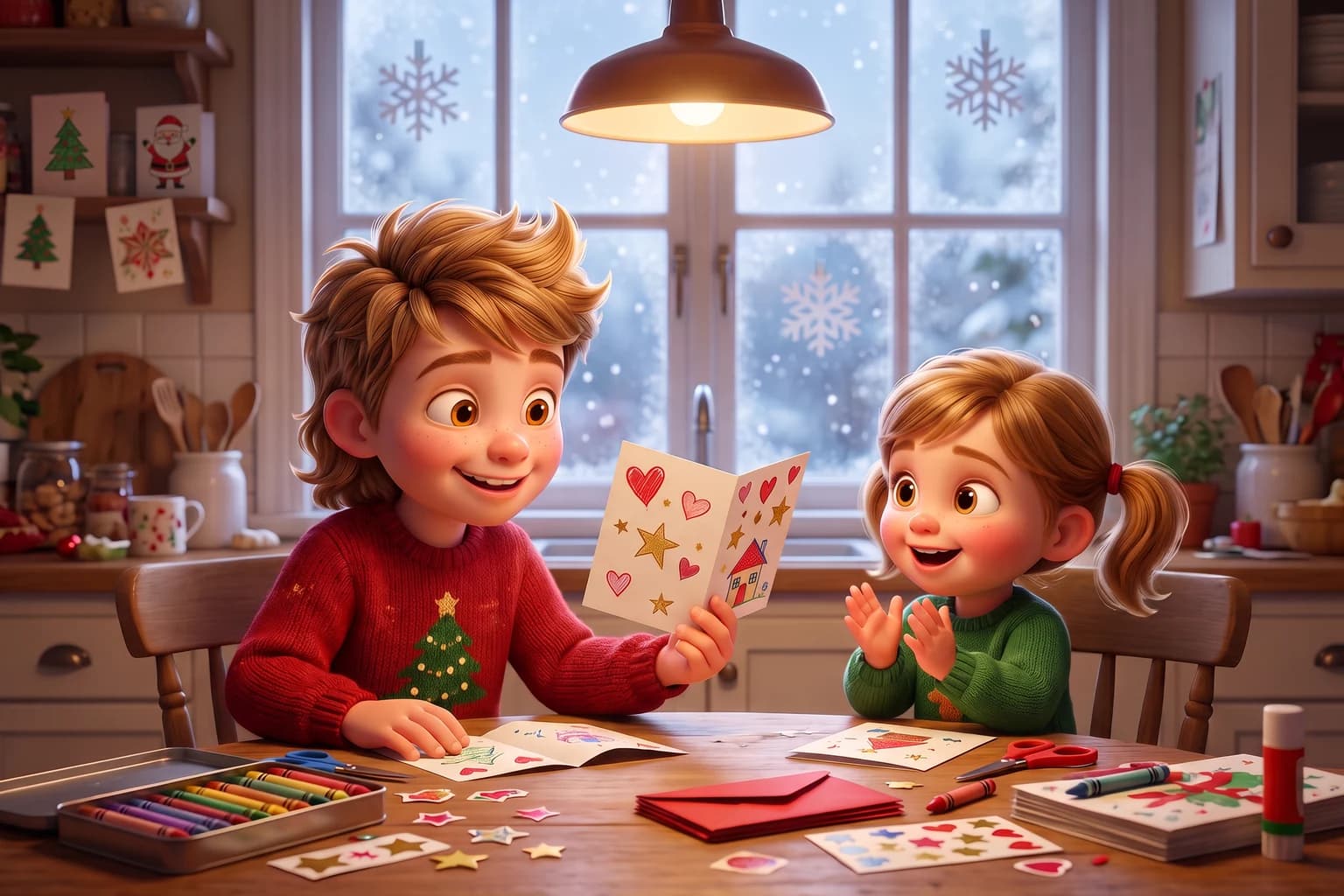A boy holds up a handmade card covered in hearts and stars as his little sister claps, at a kitchen table scattered with crayons and envelopes.
