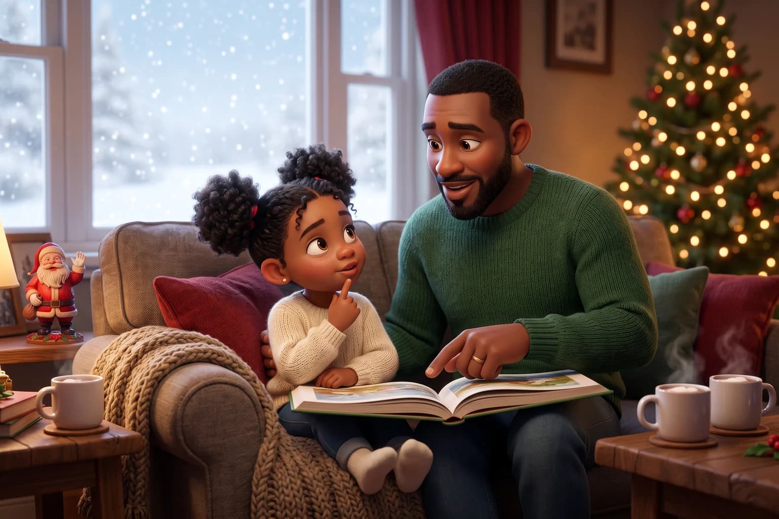 A father points to a page in an open picture book as his daughter, on the sofa beside him, thinks with a finger on her chin.