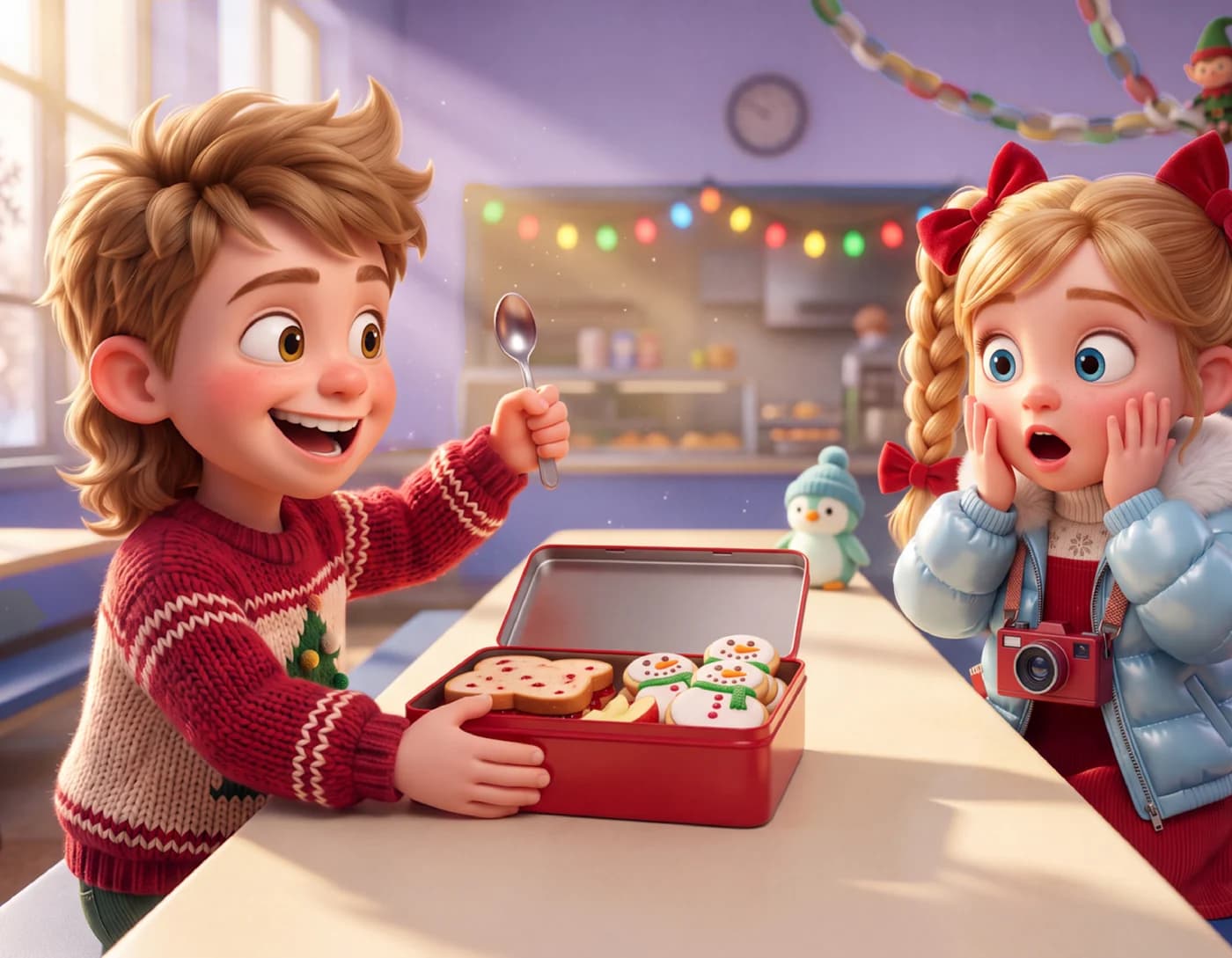 A boy in a red sweater beams beside his open lunch tin of snowman cookies as a surprised girl with red bows looks on, in The Christmas Cookies.