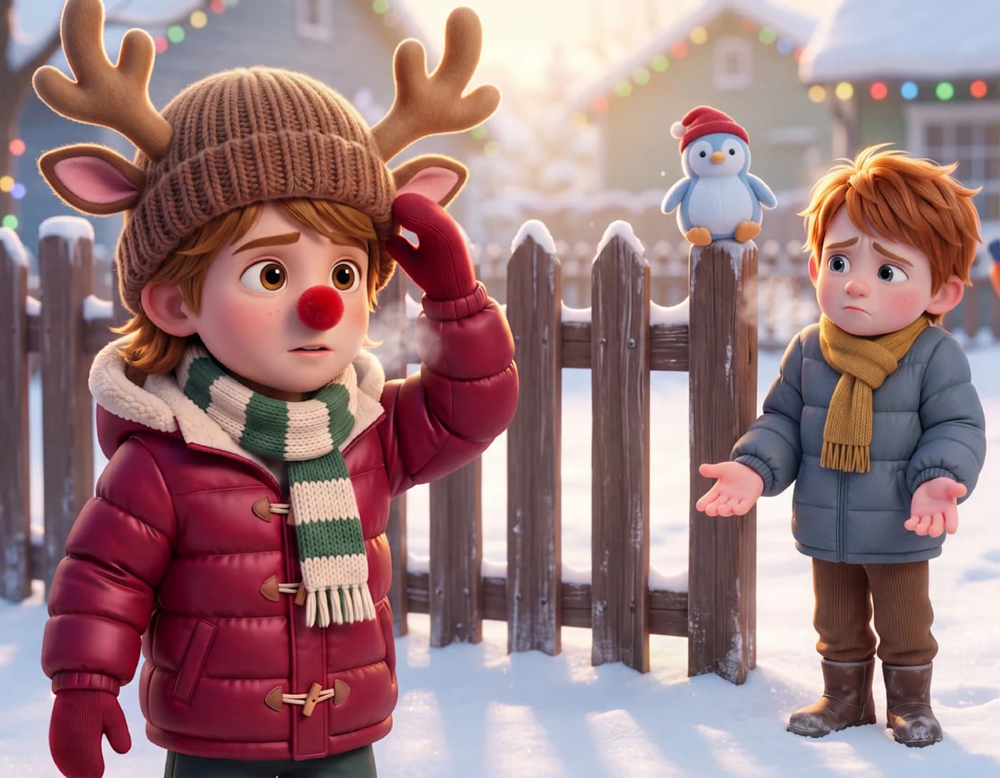 A boy in an antler hat and a red nose touches his hat as he looks at a boy standing by a wooden fence in the snow, in The Edge of Things.