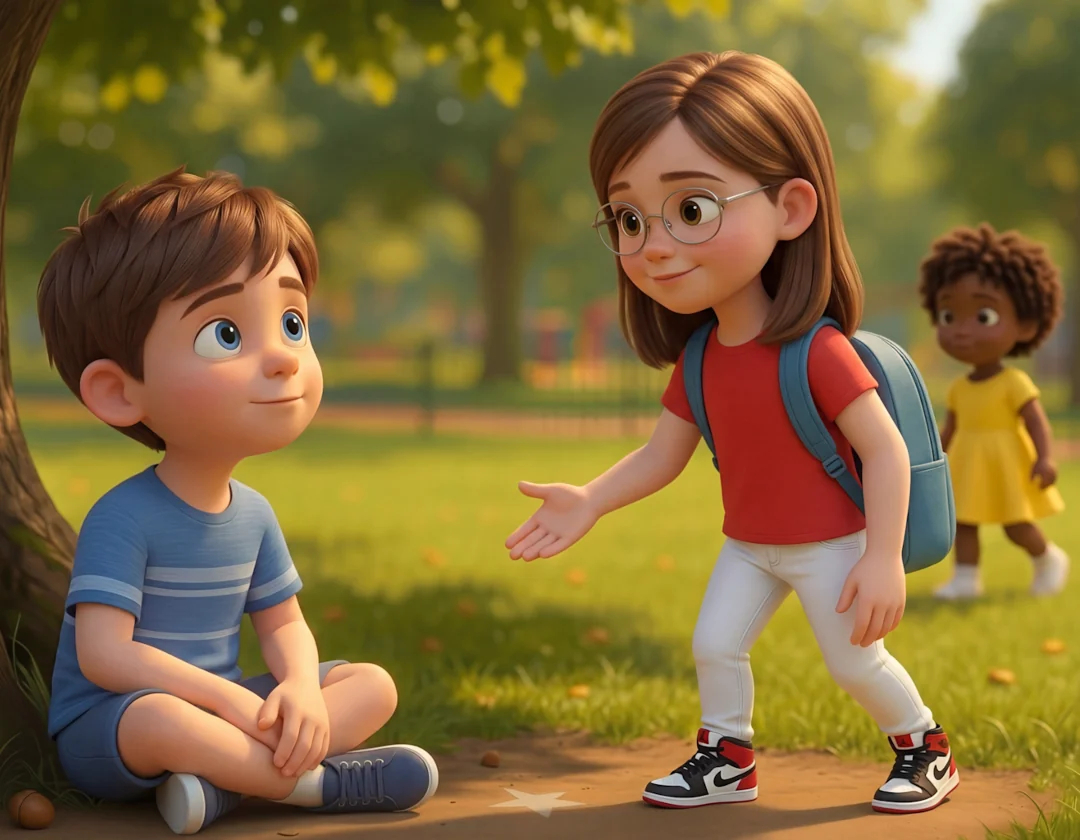 A girl with a backpack holds out her hand to a boy sitting alone on the grass in a sunny park, in The Friendship Spark.