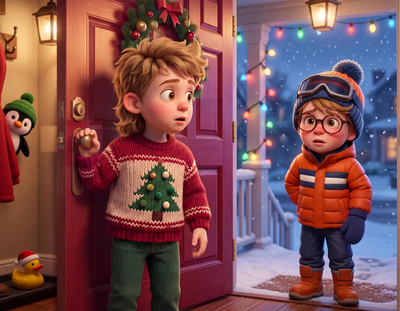 A boy in a holiday sweater opens the front door to find his friend in an orange coat and goggles waiting on the porch, in The Gift You Can't Wrap.