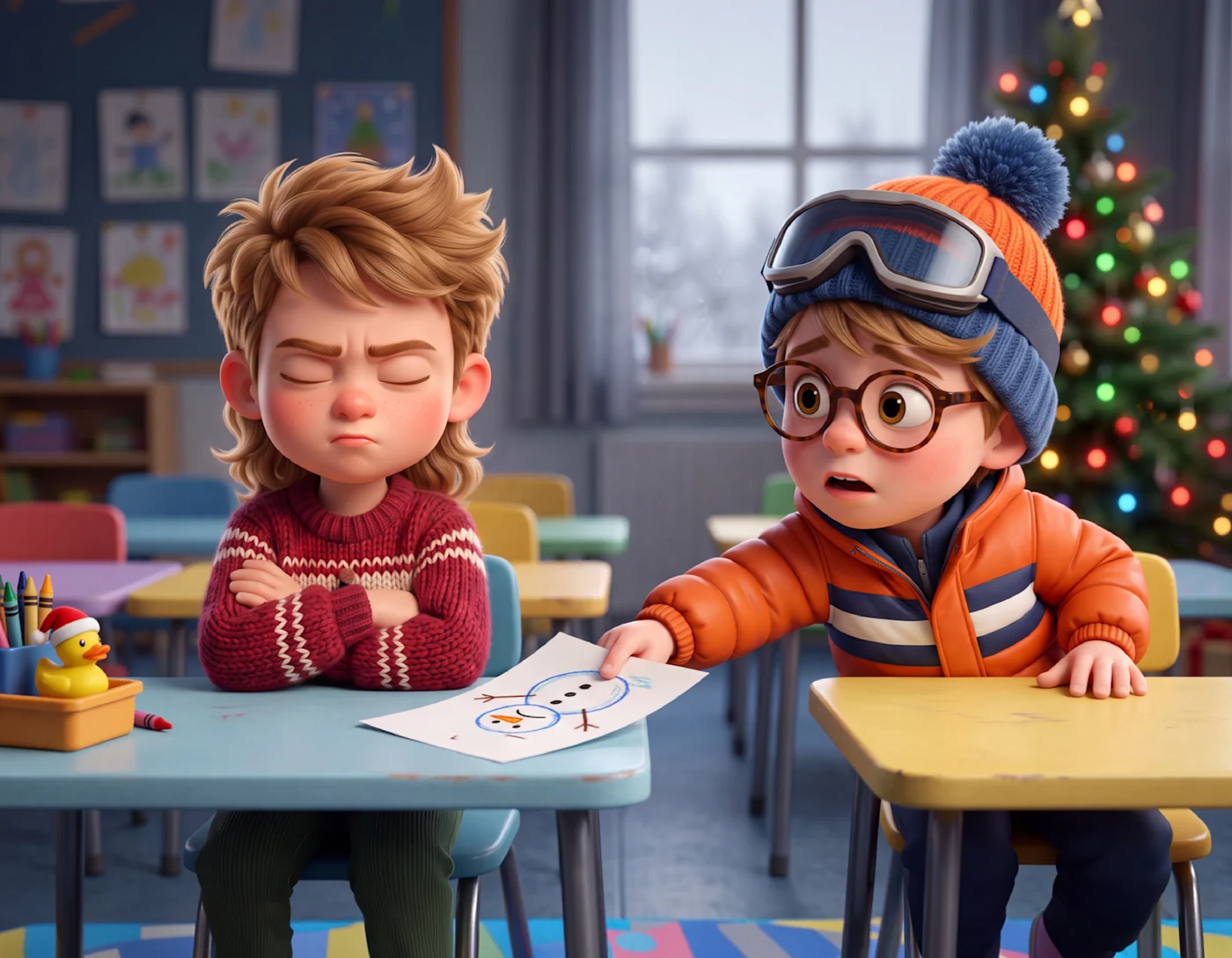 In a classroom, a boy in glasses slides a drawing toward a boy who sits with his eyes shut and arms folded, in The Gift You Can't Wrap.