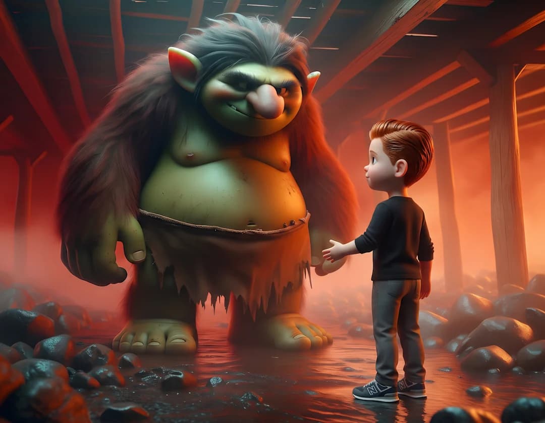 A boy reaches a hand toward a huge, shaggy green troll under a wooden bridge, in The Sneeze of Destiny.