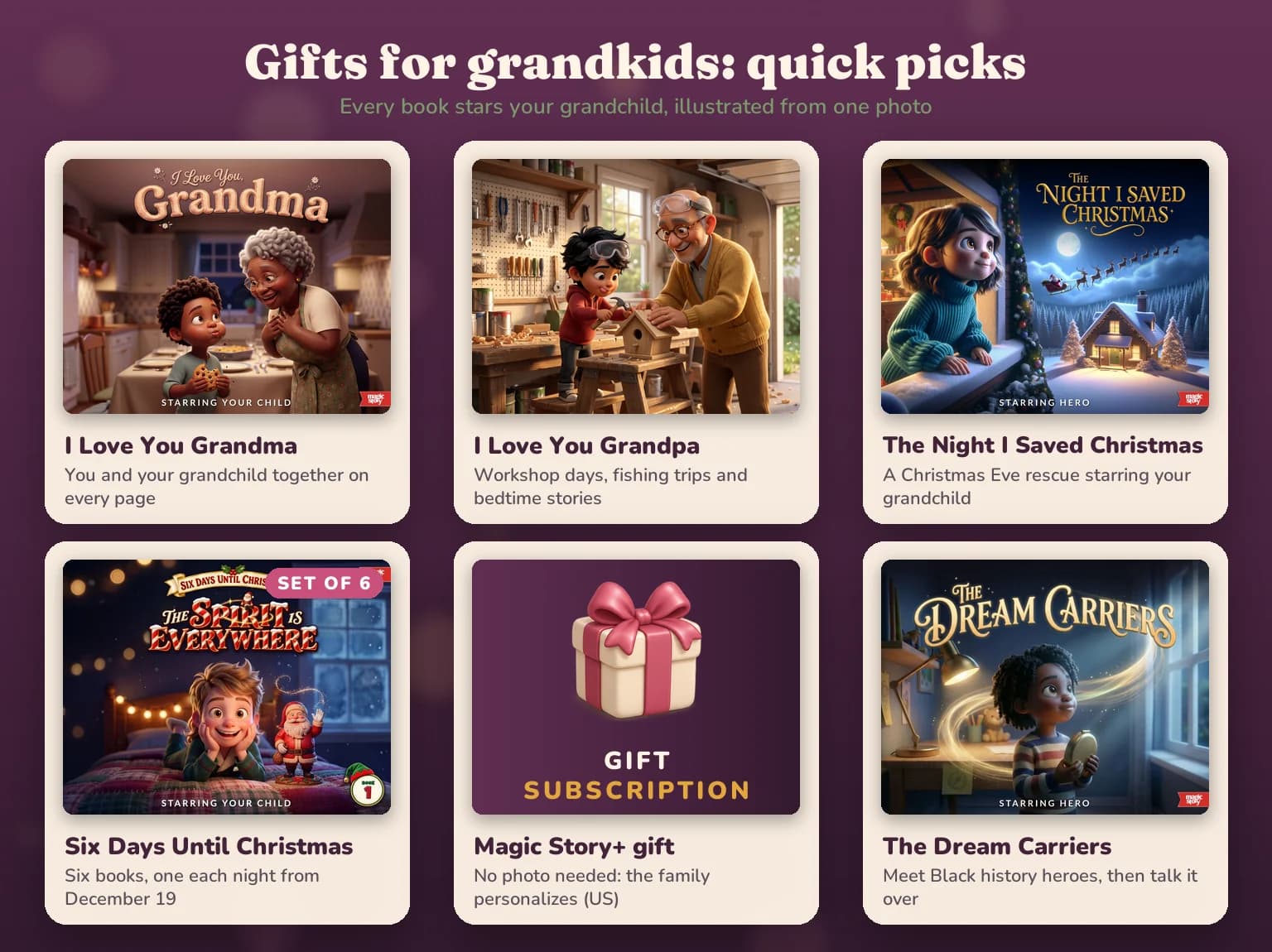 Six gift picks for grandkids: I Love You Grandma, I Love You Grandpa (shown as a grandfather and grandson building a birdhouse), The Night I Saved Christmas, the Six Days Until Christmas set, a Magic Story+ gift subscription and The Dream Carriers.