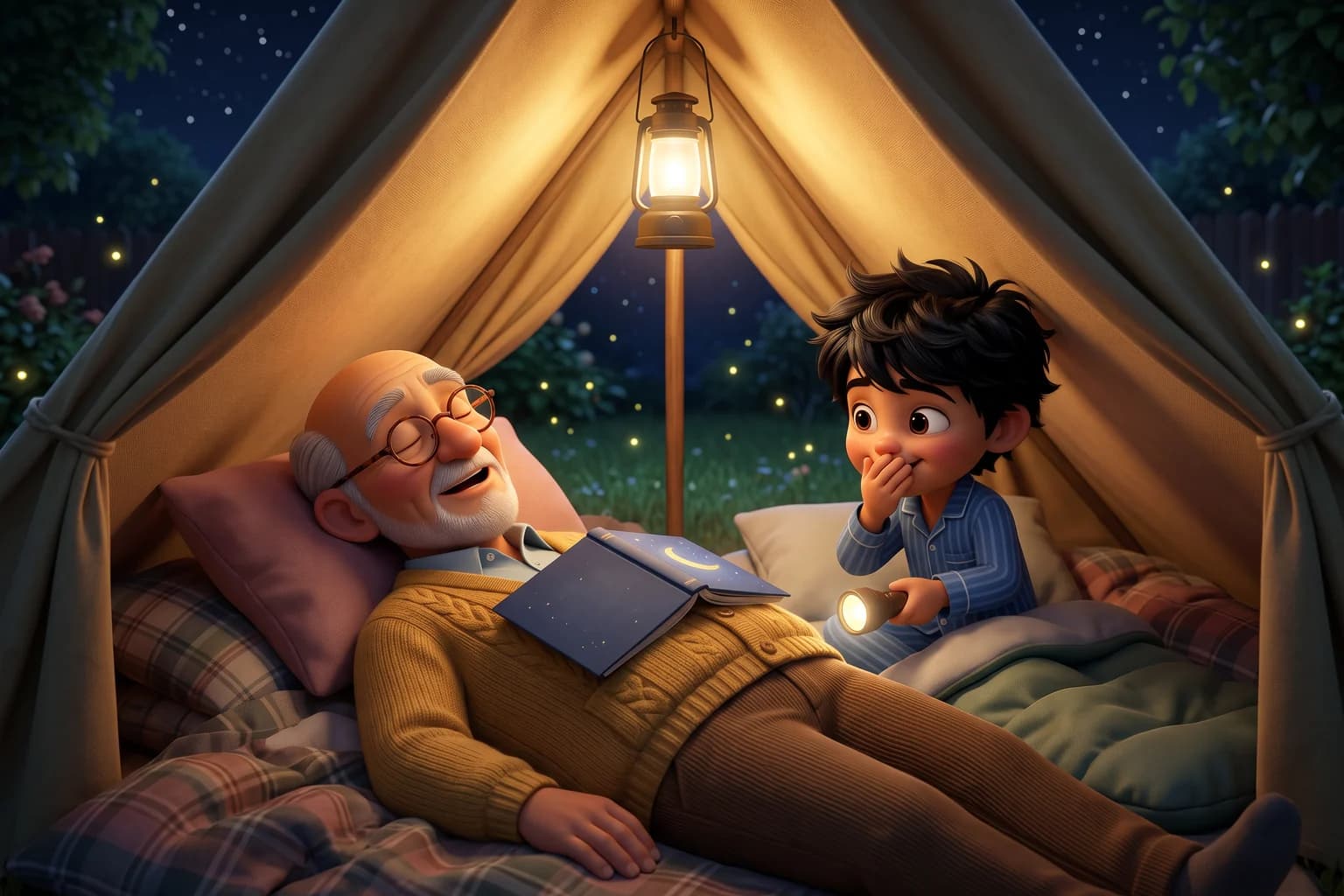 A grandfather has fallen asleep mid-story in a backyard tent, a picture book on his chest, while his grandson giggles behind his hand.