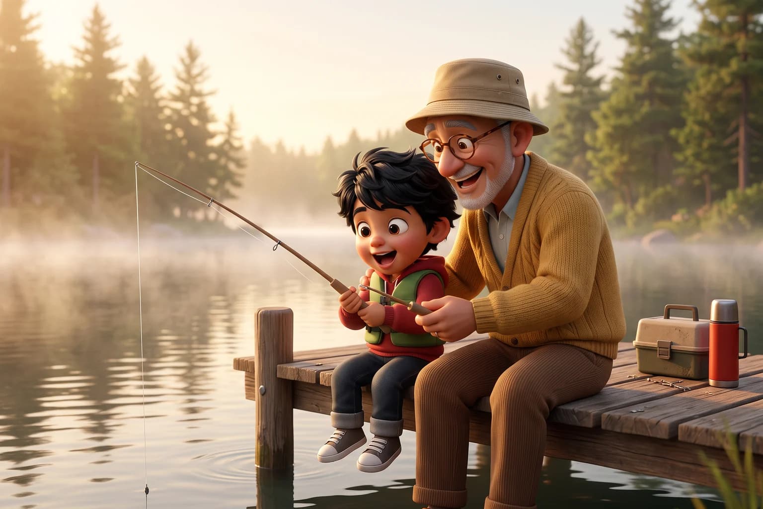 A grandfather in a bucket hat helps his grandson hold a fishing rod on a misty lake dock at sunrise.