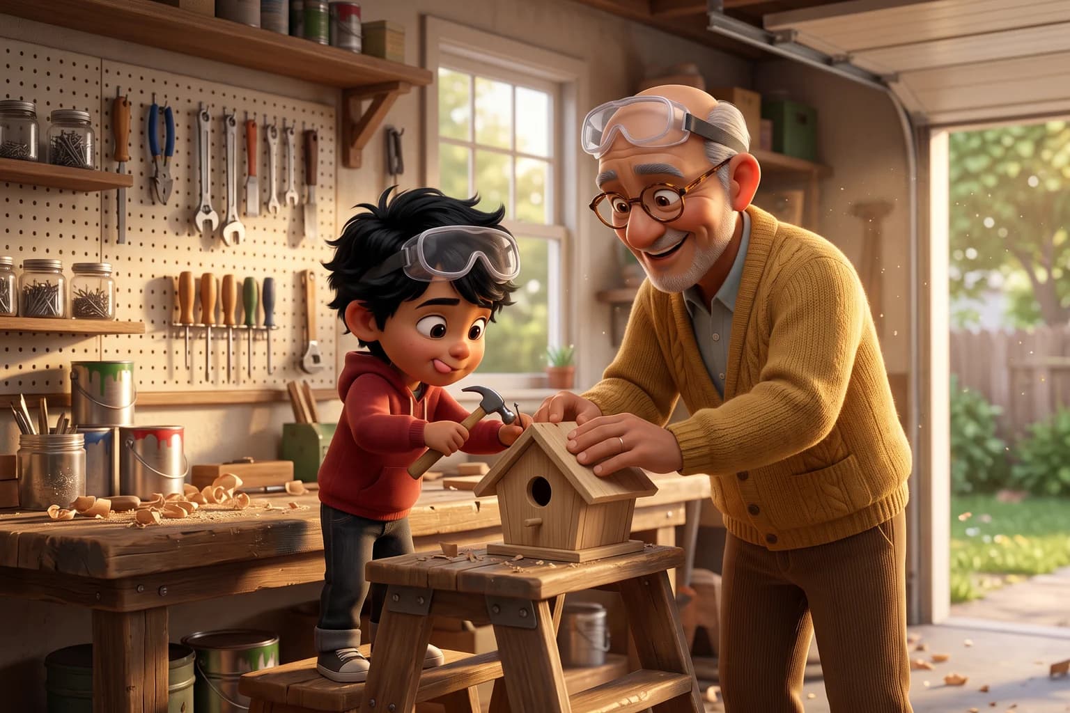 A grandfather in a mustard cardigan steadies a wooden birdhouse while his grandson taps in a nail at a garage workbench.