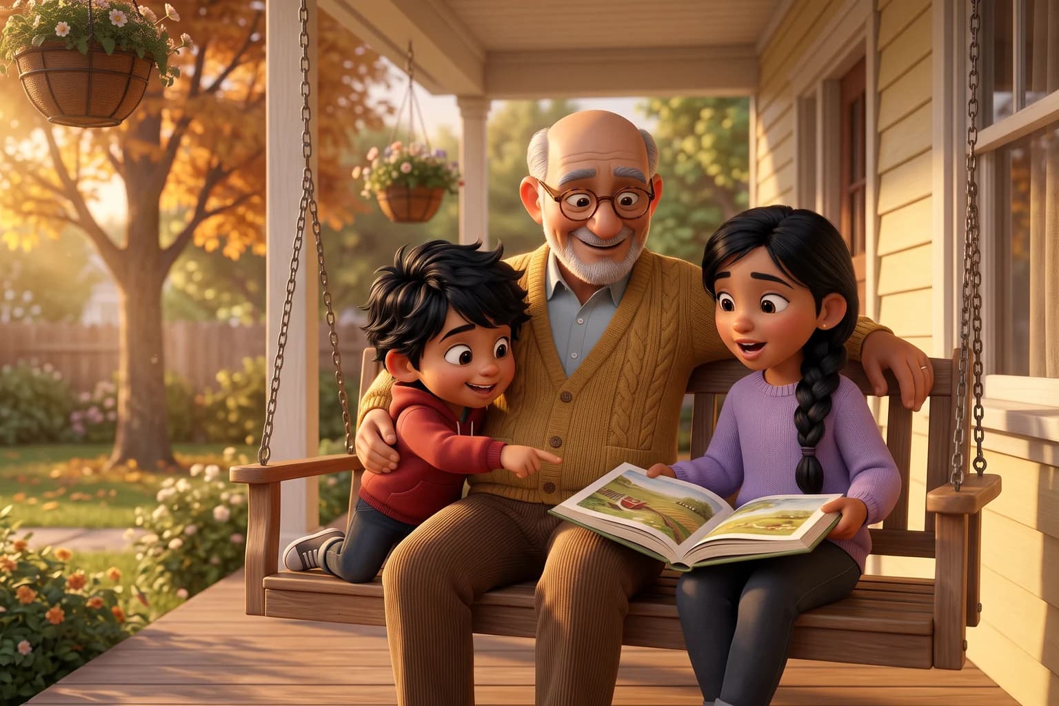 A grandfather in a mustard cardigan on a porch swing at sunset listens as his granddaughter reads aloud and his young grandson points at the picture.