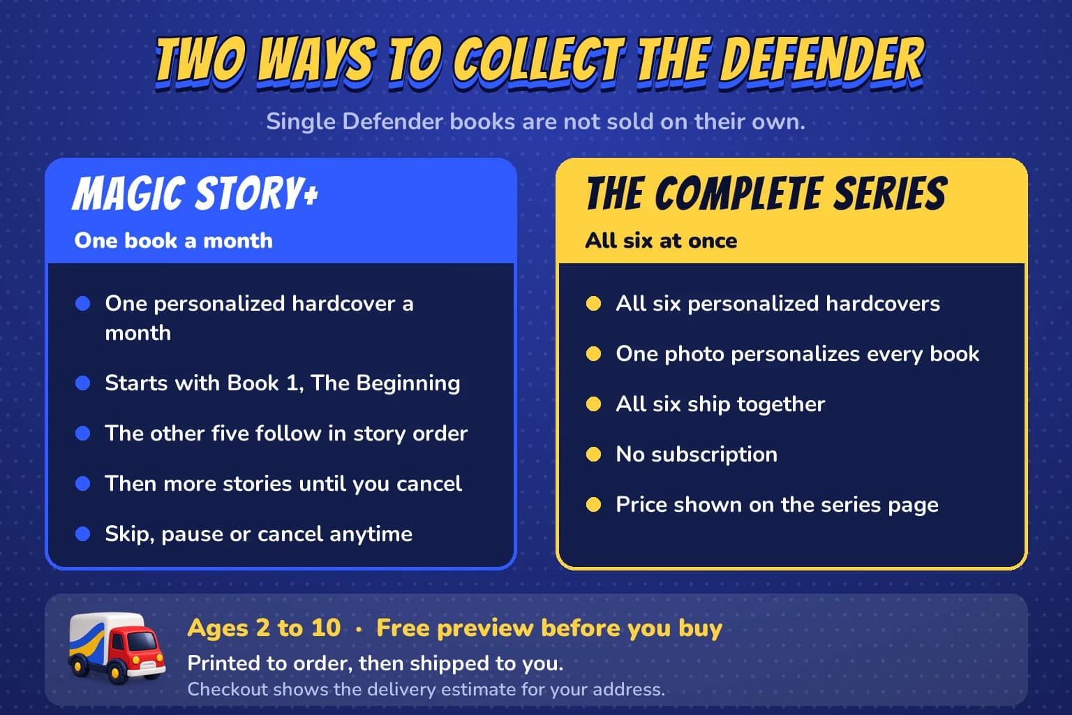 Two ways to collect The Defender: Magic Story+, one book a month starting with Book 1, or the complete series of six shipped together, with ages 2 to 10, a free preview and a delivery estimate at checkout.