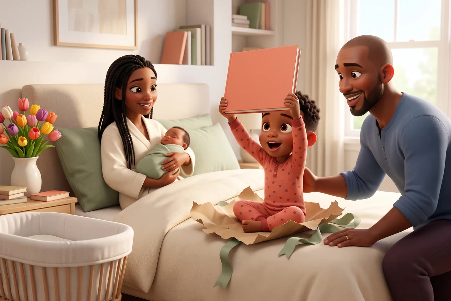 A toddler in star pajamas lifts a hardcover book out of torn wrapping paper on the bed while his mother holds the newborn and his father beams.