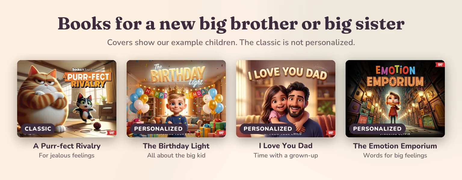 Covers of A Purr-fect Rivalry, The Birthday Light, I Love You Dad and The Emotion Emporium, each labeled classic or personalized with the moment it suits.