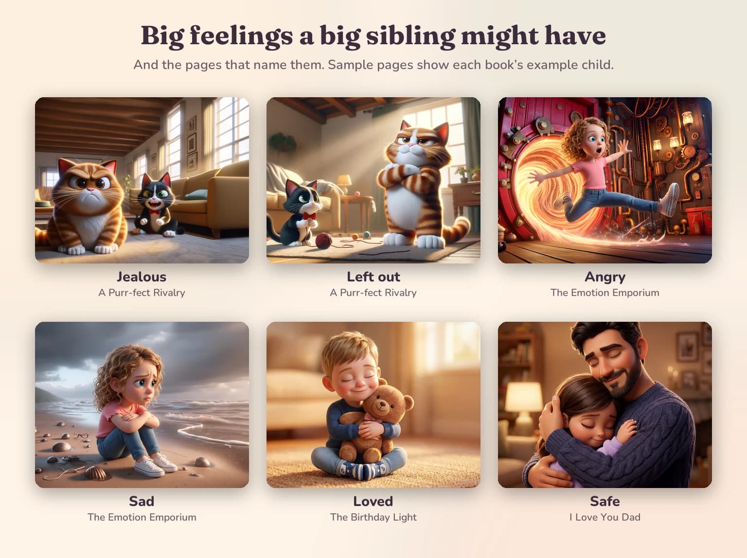 Six sample pages labeled with feelings: jealous and left out from A Purr-fect Rivalry, angry and sad from The Emotion Emporium, loved from The Birthday Light and safe from I Love You Dad.