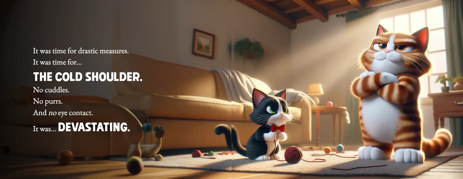 Socks gives Tuxedo the cold shoulder with his arms crossed while Tuxedo looks up sadly, beside the text It was time for the cold shoulder.