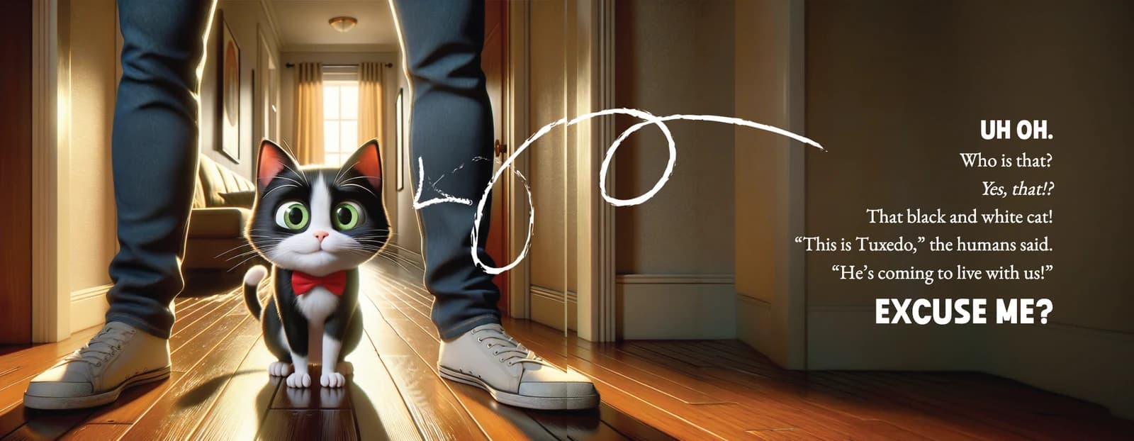 Tuxedo the black and white cat arrives in the hallway while the text reads Uh oh, who is that, and Socks replies Excuse me.