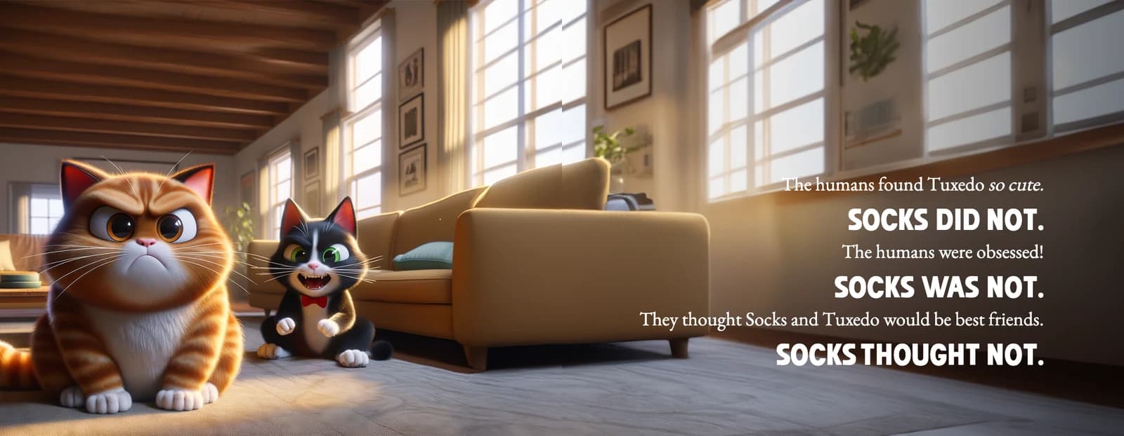 Socks glares while Tuxedo grins beside him, and the facing page reads The humans found Tuxedo so cute. Socks did not.