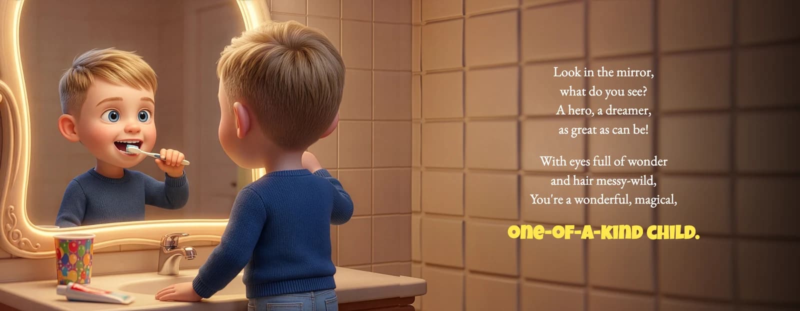 The example child brushes his teeth at the mirror beside the rhyme Look in the mirror, what do you see? A hero, a dreamer, as great as can be.