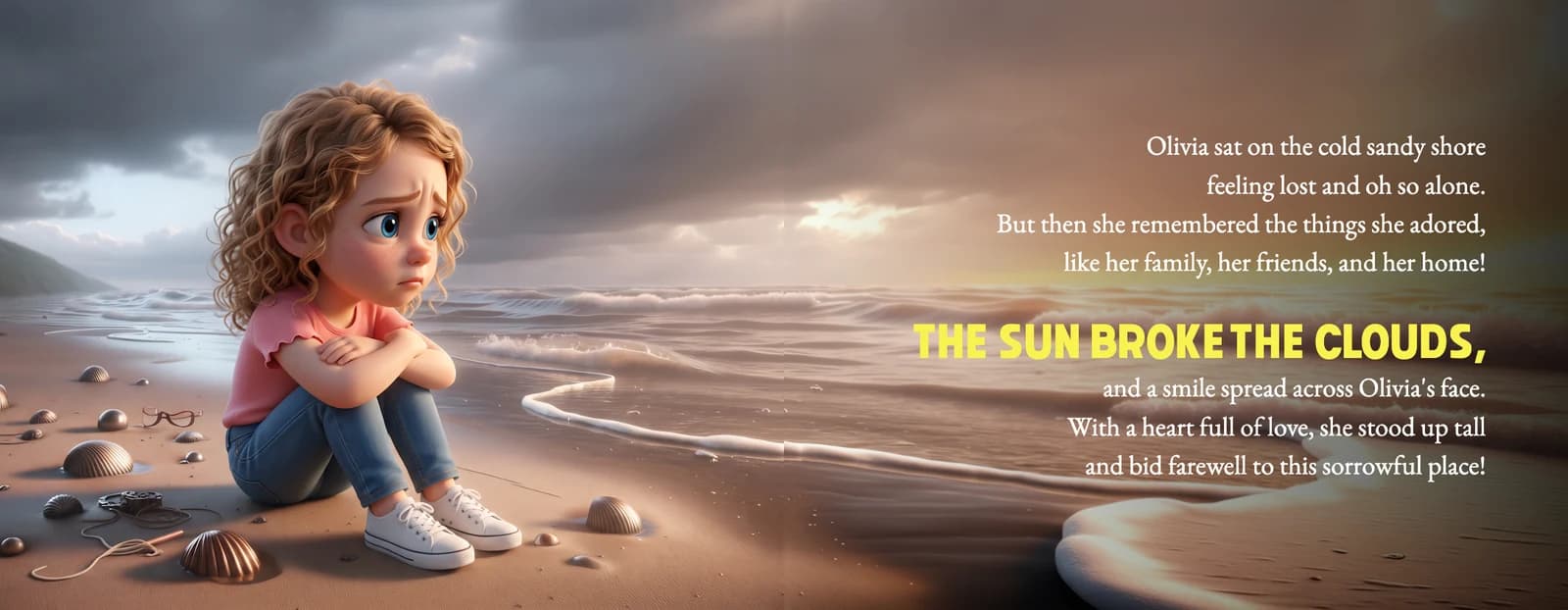 The example child sits alone on a gray beach hugging her knees beside the text about the sun breaking through the clouds.