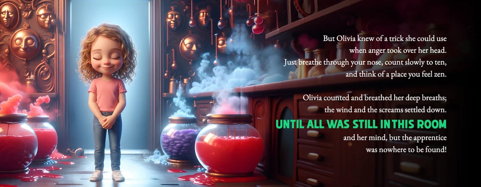 The example child stands calmly with closed eyes among bubbling jars while the text describes counting slowly to ten until all was still.