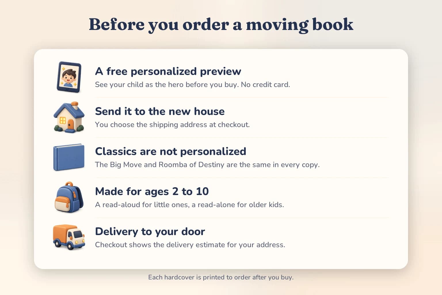 Before you order a moving book: a free personalized preview, send it to the new house, classics are not personalized, made for ages 2 to 10, and checkout shows the delivery estimate.