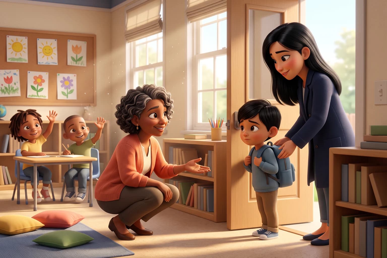 A shy boy with a backpack holds his mother's hand at a classroom door while a kind teacher crouches to welcome him and two classmates wave.