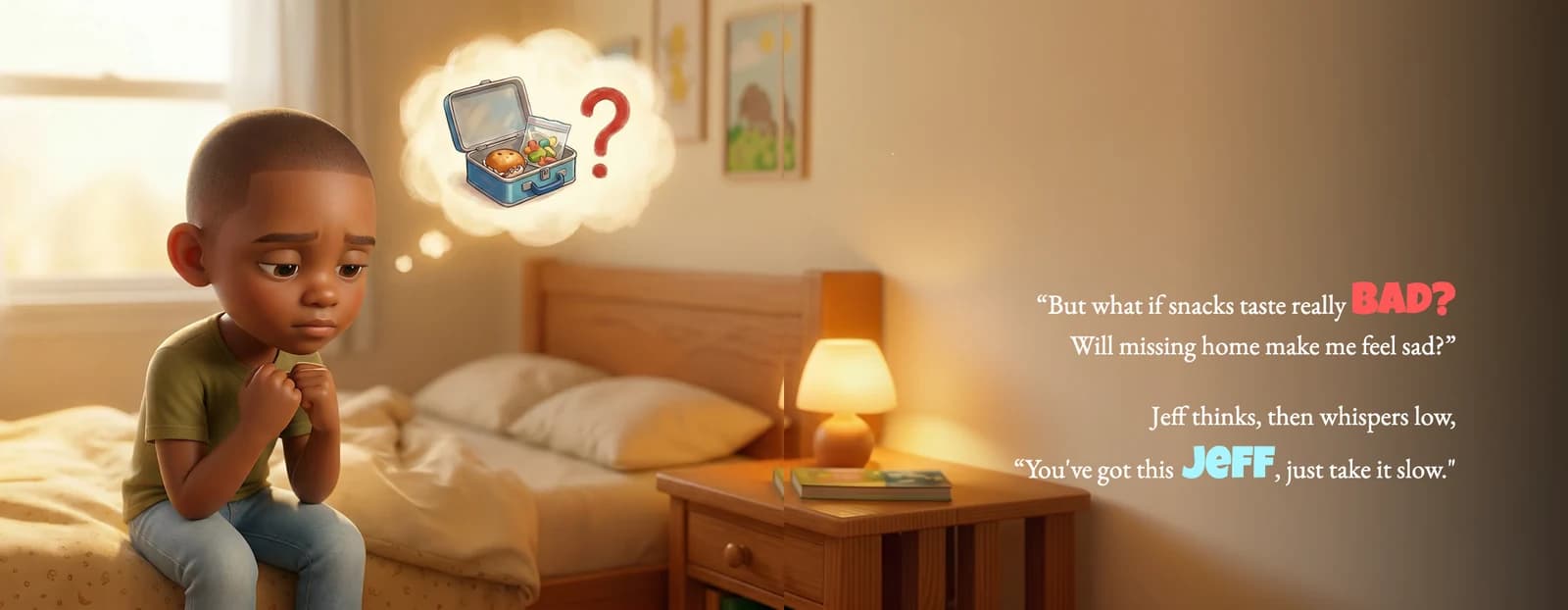 The example child sits on his bed thinking about his lunchbox beside the rhyme But what if snacks taste really bad? Will missing home make me feel sad?
