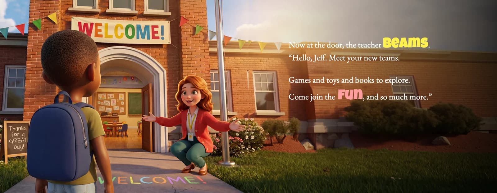 A smiling teacher waits at a school door under a Welcome banner as the example child arrives with his backpack, beside the text Now at the door, the teacher beams.
