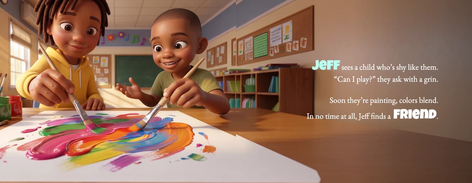 The example child paints with a new friend at a classroom table beside the rhyme ending In no time at all, he finds a friend.