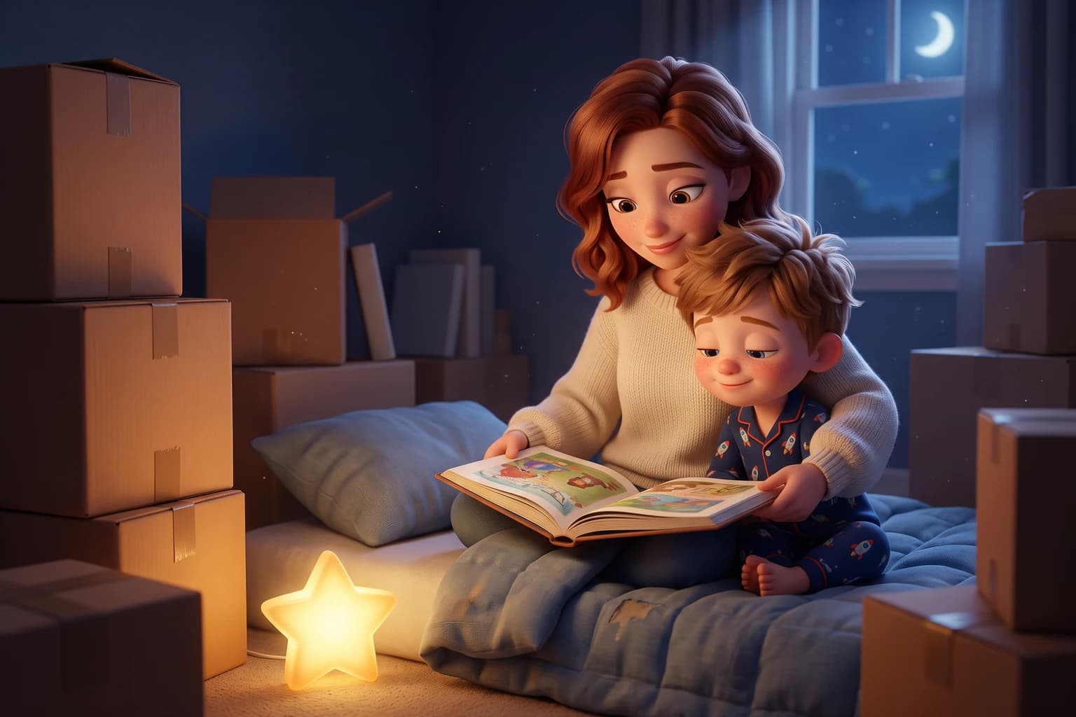A mother and her sleepy son read a picture book on a mattress on the floor of his new bedroom, surrounded by moving boxes and lit by a star-shaped night light.