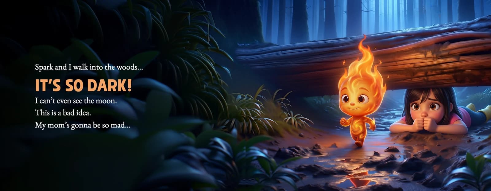 The text It's so dark beside the example child peeking out from under a log with Spark lighting the way.