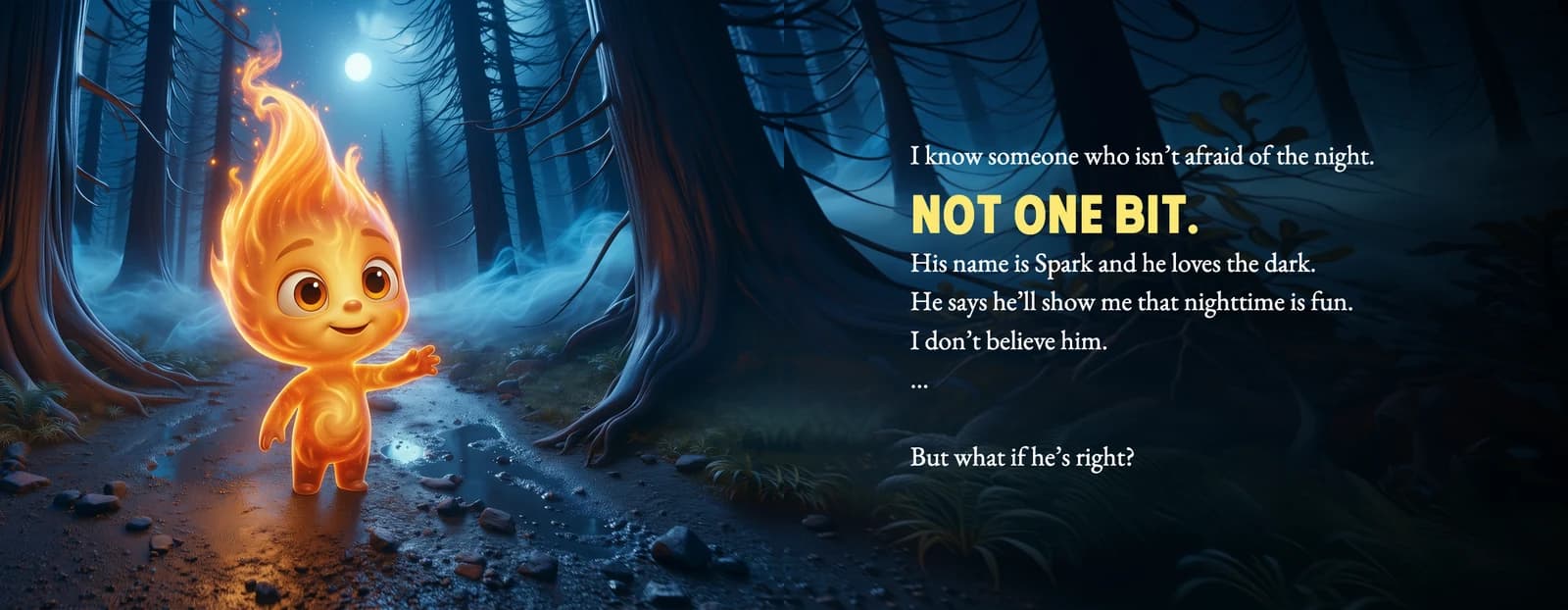Spark, a small glowing fire friend, stands on a dark forest path beside the text I know someone who isn't afraid of the night.