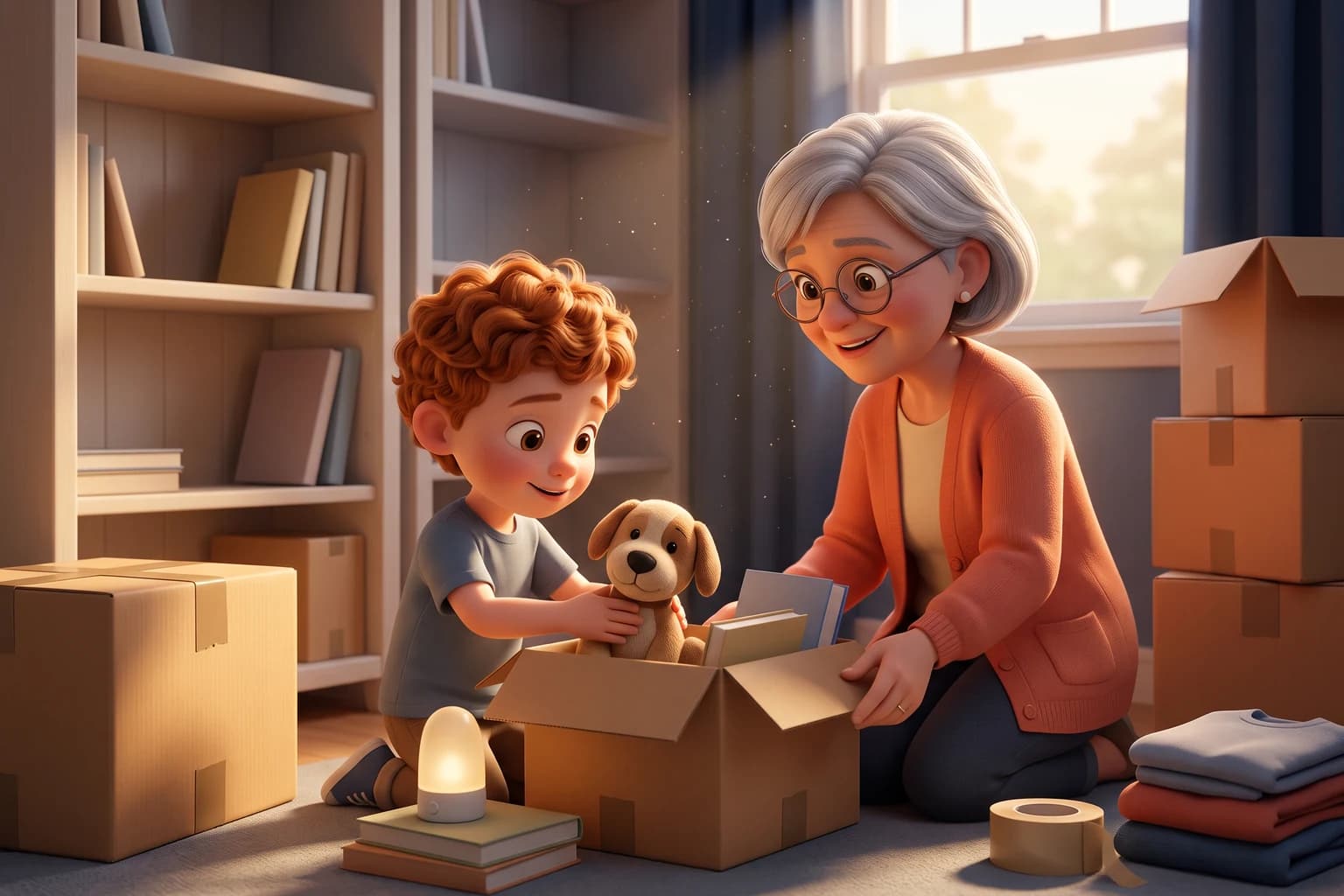 A boy with curly red hair places his plush dog in a small moving box with a night light and books while his grandmother holds the box open.