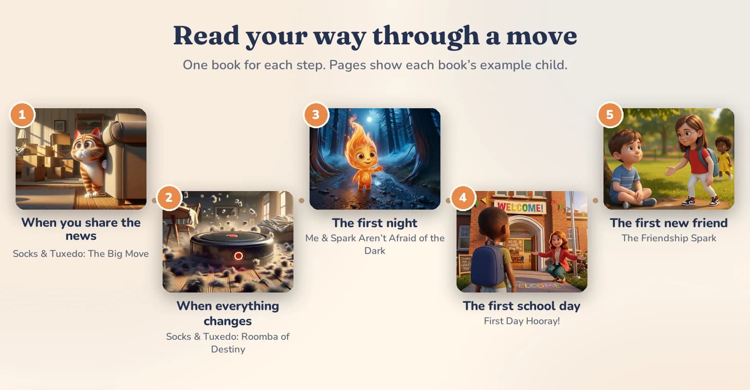 A five-step reading path: The Big Move when you share the news, Roomba of Destiny when everything changes, Me & Spark for the first night, First Day Hooray! for the first school day and The Friendship Spark for the first new friend.