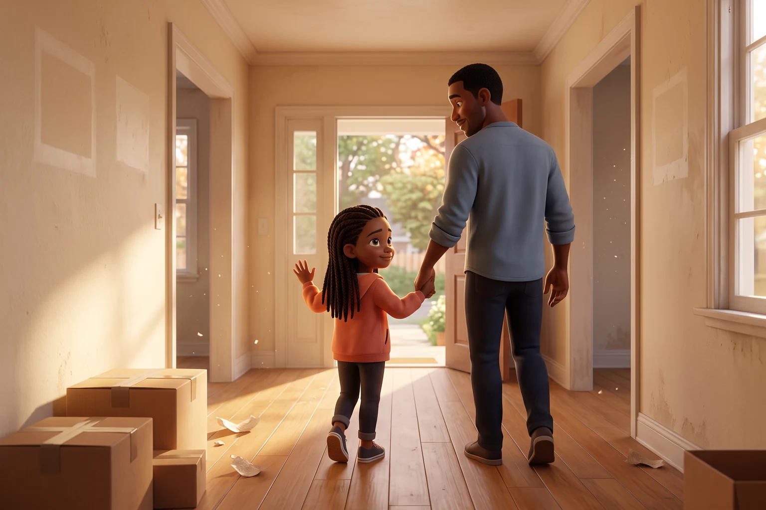 A girl with long braids holds her father's hand and waves goodbye as they walk down the empty, sunlit hallway of their old house toward the open front door.