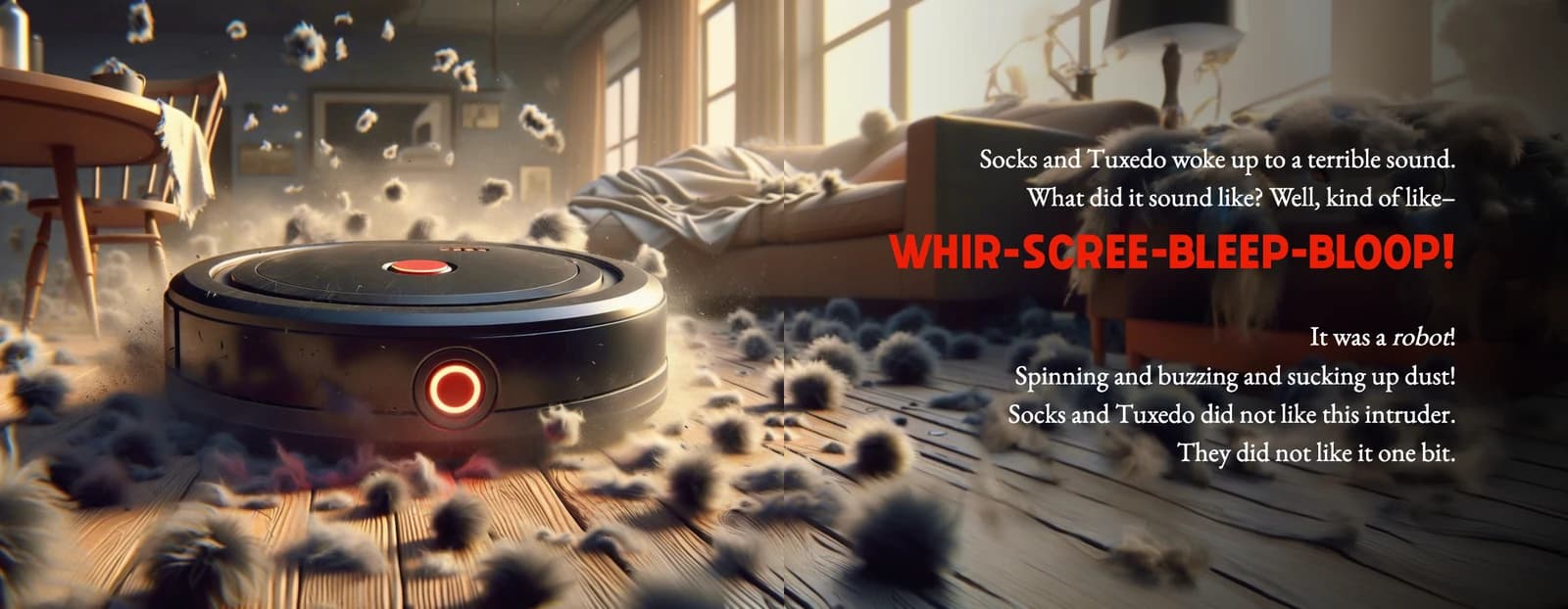 A robot vacuum sucks up dust and fur on the living room floor beside the text Socks and Tuxedo woke up to a terrible sound.