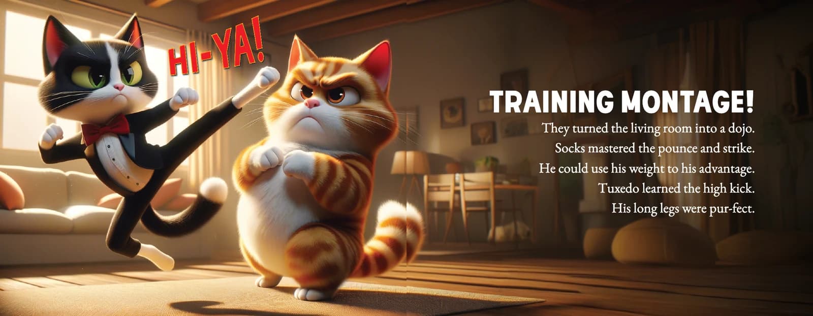 Tuxedo high-kicks while Socks braces himself beside the text Training montage: they turned the living room into a dojo.