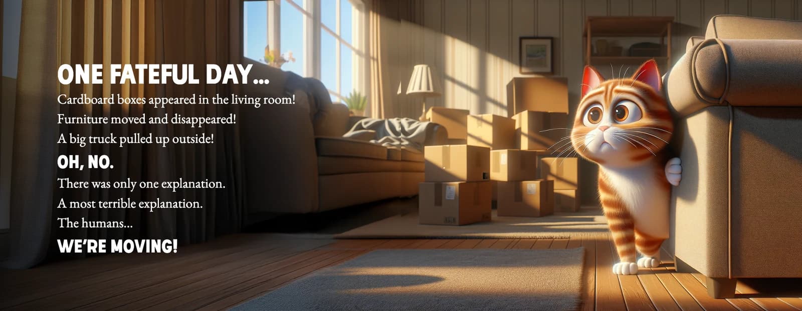 The text One fateful day, cardboard boxes appeared in the living room, ending We're moving, beside Socks peeking at a stack of boxes.