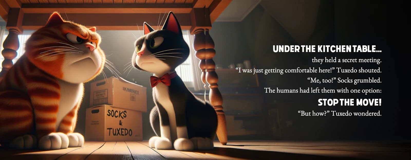 Socks and Tuxedo glare at each other among moving boxes beside the text Under the kitchen table, they held a secret meeting: Stop the move.