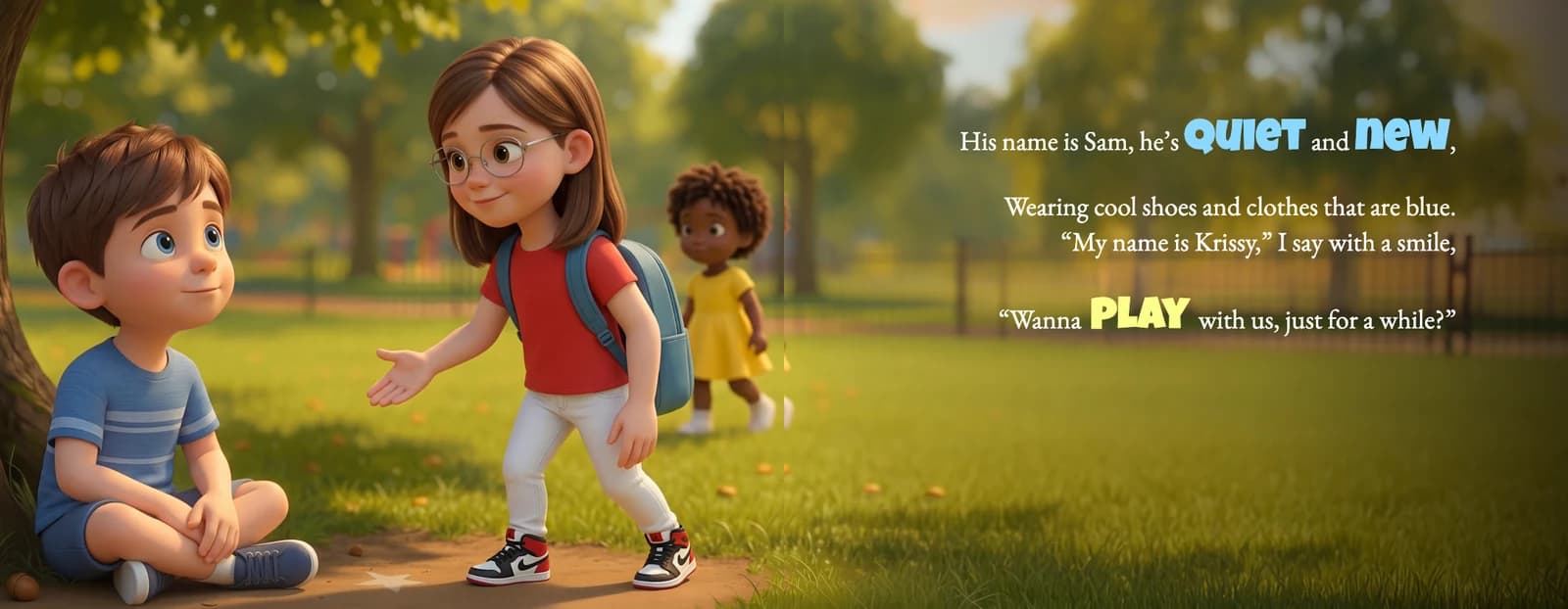 The example child reaches out to a quiet boy sitting alone on the grass beside the rhyme His name is Sam, he's quiet and new.