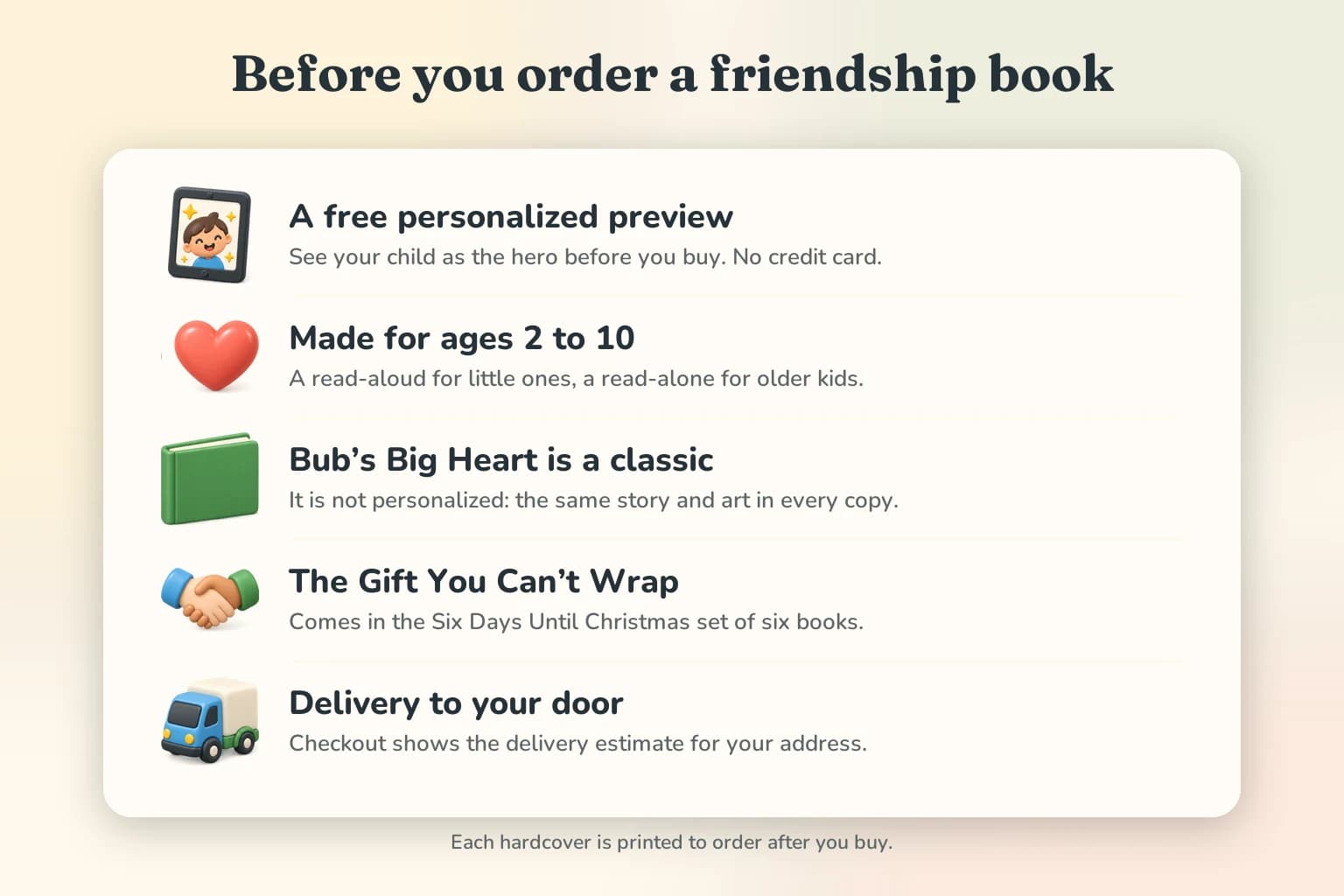 Before you order a friendship book: a free personalized preview, made for ages 2 to 10, Bub's Big Heart is a classic, The Gift You Can't Wrap comes in the Six Days Until Christmas set, and checkout shows the delivery estimate.