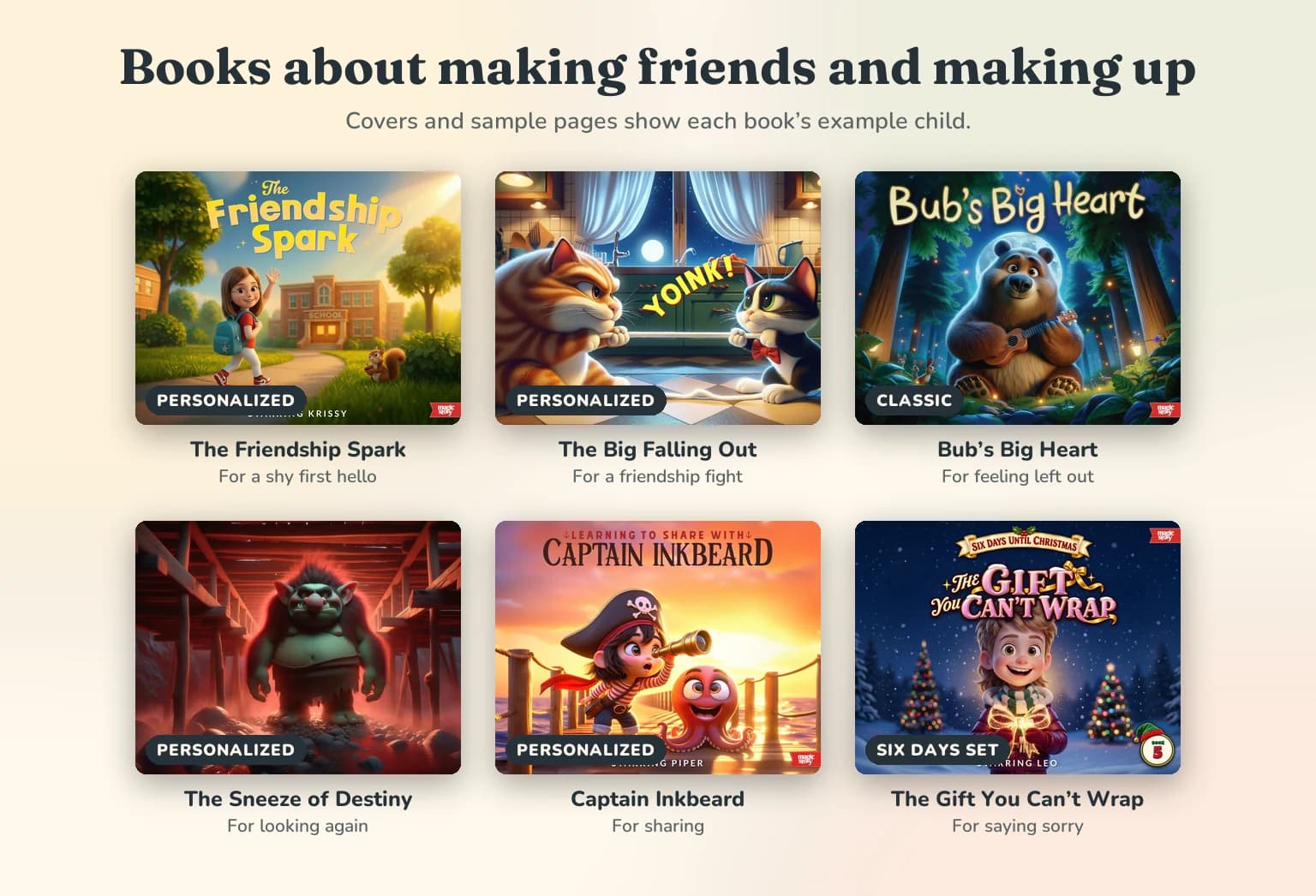 The Friendship Spark, The Big Falling Out, Bub's Big Heart, The Sneeze of Destiny, Captain Inkbeard and The Gift You Can't Wrap, each labeled with the friendship moment it suits.