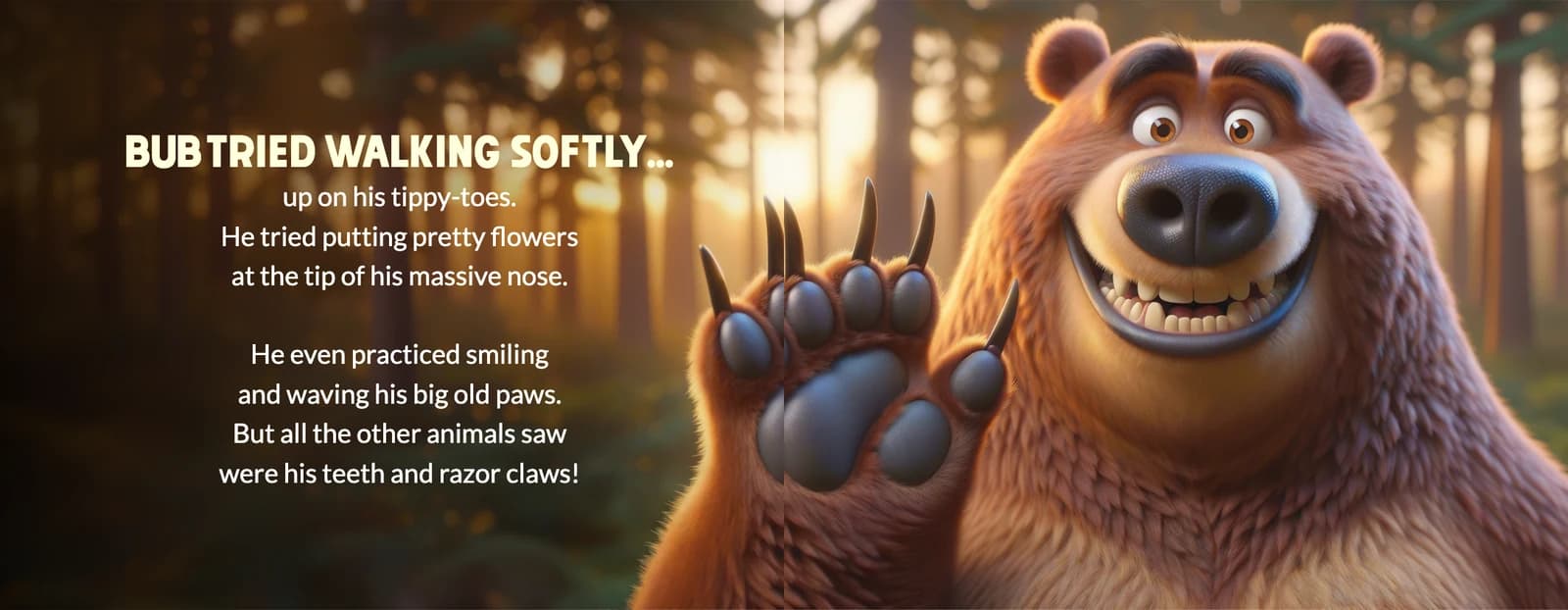 The text Bub tried walking softly, up on his tippy-toes, beside Bub the huge brown bear grinning and waving one big paw.