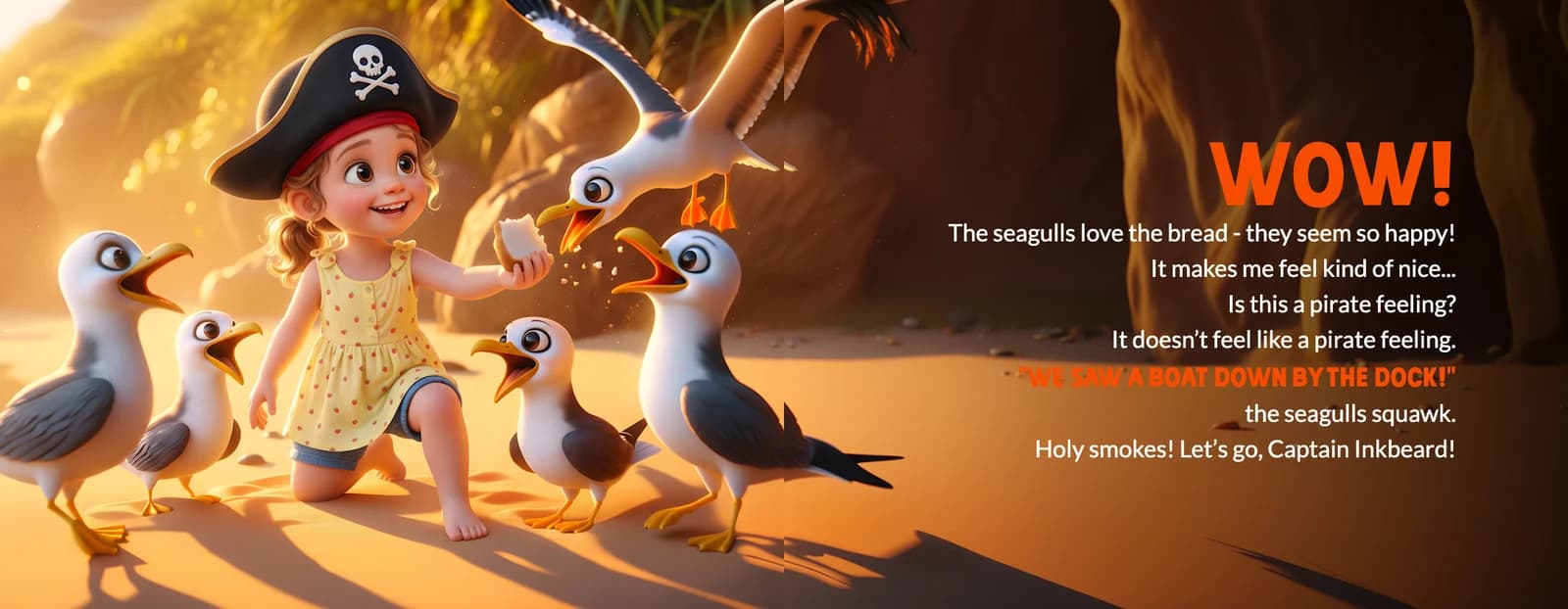 The example child in a pirate hat feeds bread to a crowd of seagulls beside the text Wow! The seagulls love the bread.